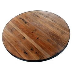 a round wooden table top with black metal trim on an isolated white background for use as a coffee table