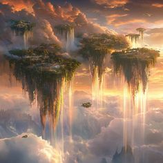 several floating islands in the sky surrounded by clouds and trees, with lights coming from them