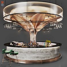 a round bar with several stools and lights hanging from it's ceiling above