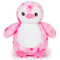 a pink and white stuffed penguin on a white background