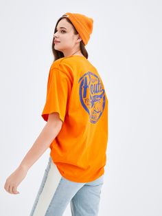 Big Orange Red Tee – Urlazh New York Orange Short Sleeve T-shirt With Letter Print, Casual T-shirt With Front And Back Print, Oversized Orange Summer T-shirt, Oversized Cotton Short Sleeve T-shirt, Oversized Logo Print Tops For Summer, Casual Orange T-shirt With Screen Print, Cotton Graphic Print Short Sleeve Tops, Cotton Short Sleeve Top For Streetwear, Graphic Print Cotton Tops With Short Sleeves