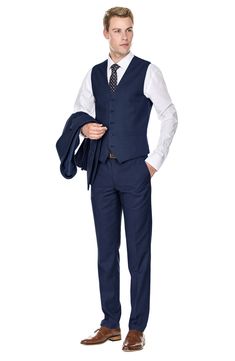 Bring understated elegance to the table in this three-piece suit crafted from rich fabric in a classic single-breasted silhouette. Jacket has notched lapels; chest welt pocket; front flap pockets Vest has front button closure; V-neck Pants have zip fly with button closure; front slant pockets; back button-welt pockets Jacket and vest are lined; trousers are lined to the knee 65% polyester, 35% viscose Dry clean Imported Each suit has a 6” drop, meaning that a size 38R jacket is paired with size Slim Fit Sets With Pockets And Notch Lapel, Tailored Formal Suits With Pockets, Tailored Suits With Pockets For Formal Occasions, Fitted Sets With Suit Collar And Pockets, Professional Single Breasted Suit Sets, Slim Fit Single Breasted Set With Notch Lapel, Professional Single-breasted Suit Sets, Semi-formal Fitted Sets With Pockets, Semi-formal Slim Fit Single Breasted Three-piece Suit