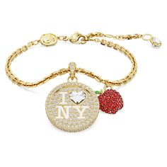 Show your love for New York City with this radiant gold-tone plated bracelet. The inspired design features a delicate chain with an ‘I LOVE NY’ motif, beautifully brought to life by a pavé of clear crystals and a heart-shaped stone. Extra details include a lobster closure, a flat apple motif, and a single Swarovski Zirconia at the end of the elongation. Exclusively available online in the USA and from select NY stores. New York Necklace, Pretty Jewellery Gold, Evil Eye Jewelry Bracelet, Etsy Bracelets, Gold Bracelets Stacked, Dope Jewelry Accessories, Urban Jewelry, I Love Ny, Dope Jewelry