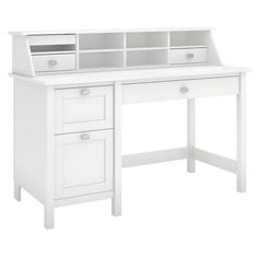 a white desk with two drawers and a book shelf on top of it, against a white background