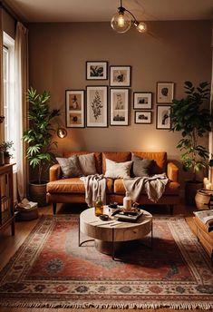 a living room filled with lots of furniture and pictures on the wall above it's coffee table