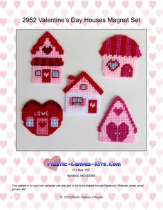 four small houses with hearts on them are shown in pink and white, one has a red roof