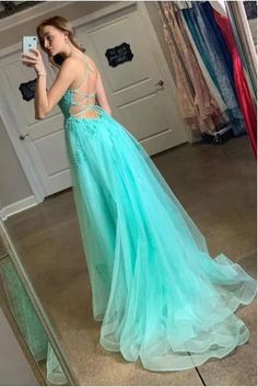 Backless Evening Dress Turquoise Spaghetti Straps Split Appliqued Long – Ombreprom Hot Pink Prom Dresses, Sweep Train Prom Dress, 2023 Prom, Backless Evening Dress, Professional Dress, Prom Dresses Two Piece, Pink Prom, Backless Prom Dresses, Green Prom Dress