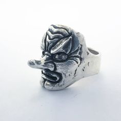 "Jewel made entirely by hand by the Italian artisan Gianmarco Fontana. This ring made of Silver 925 depicting Tengu is part of the \"Japanized\" collection. The tengus take various forms, but generally they are represented as bird-men, endowed with a long prominent nose or even of beak, with wings on the head and often red hair; the less powerful ones, karasu tengu (烏 天狗?), kotengu (小 天狗?) or konohatengu (の 葉 天狗?) are portrayed as more similar to birds. The face may be red, green or black, and t Prominent Nose, Promotional Stickers, Mala Beads, One Ring, Neon Genesis Evangelion, Red Hair, Silver 925, Red Green, The Face