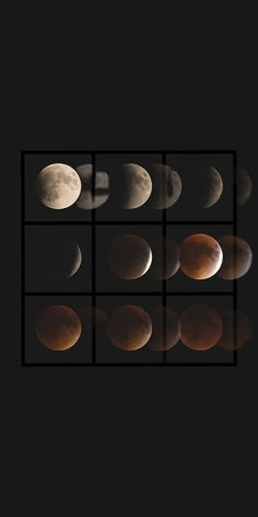 the phases of the moon are shown in black and white, as well as red