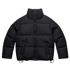 The Women's Puffer Jacket, a relaxed-fit essential crafted from heavy weight 100% recycled polyester with an 80% down 20% feather fill. Features include a stand collar, YKK zip, and water-resistant construction. Perfect for warmth and sustainability, with 630 Fill Power RDS certified down.  Care Instructions Hand wash only. Do not tumble dry. Do not dry clean. Do not iron. Line dry. Streetwear Nylon Puffer Jacket With Ribbed Cuffs, Nylon Puffer Jacket With Ribbed Cuffs For Streetwear, Solid Nylon Puffer Jacket For Streetwear, Functional Puffer Outerwear In Solid Color, Functional Solid Puffer Outerwear, Urban Solid Down Outerwear, Solid Color Down Puffer Outerwear, Waterproof Functional Fall Puffer Jacket, Urban Puffer Jacket For Streetwear