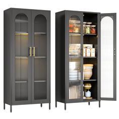 two tall gray cabinets next to each other with doors open and shelves full of food