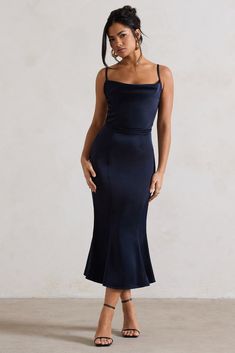 Just A Moment | Navy Satin Cowl-Neck Midi Dress With Tie Waist Robes D'occasion, Velvet Prom Dress, Midi Dress Style, Black Tie Gala, Strappy Stilettos, Black Velvet Dress, Cowl Neckline, Dress Satin, Satin Midi Dress