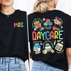 two women wearing matching tshirts with the words'day care'on them