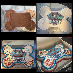 four pictures of decorated cookies in the shape of dog bone and paw patrol logos on them