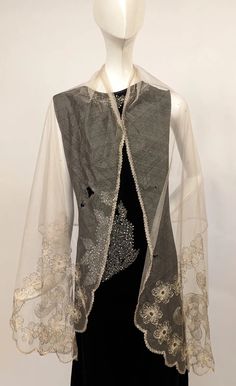 ANTIQUE EDWARDIAN SILK ILLUSION NET SHAWL FOR DRESS W METALLIC EMBROIDERY | eBay Elegant Silk Embroidered Shawl Fabric, Elegant Silk Embroidered Shawl, Evening Dupatta With Intricate Embroidery, Intricate Embroidery Shawl For Wedding, Silk Wedding Shawl With Intricate Embroidery, Vintage Fitted Shawl For Wedding, Fitted Vintage Shawl For Wedding, Silk Dupatta With Intricate Embroidery For Evening, Festive Sheer Dupatta For Wedding