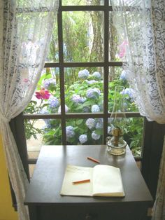 an open book sitting on top of a table next to a window with flowers outside