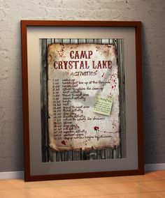 an old sign with writing on it that says camp crystal lake activities in english and spanish