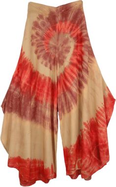 Spiral Tie Dye Curved Hem Divided Skirt | Brown | Split-Skirts-Pants, Misses, Vacation, Beach, Tie-Dye Summer Festival Wide-leg Harem Pants, Bohemian Rayon Bottoms For Summer, Bohemian Style Rayon Bottoms For Summer, Summer Wide Leg Rayon Maxi Skirt, Bohemian Rayon Harem Pants For Summer, Summer Wide Leg Maxi Skirt In Rayon, Bohemian Rayon Harem Pants For Vacation, Bohemian Harem Pants For Beach Season, Bohemian Wide Leg Rayon Pants For Vacation