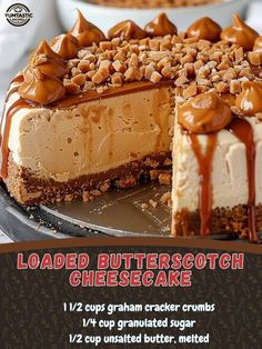 an advertisement for a cheesecake with peanut butter toppings on the top and bottom