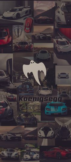 a collage of different cars with the word koengased on it's side