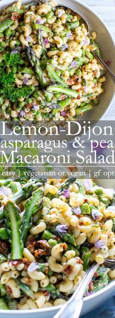 two bowls filled with pasta, asparagus and peas