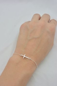 Sterling Silver Cross Bracelet, Tiny Cross Bracelet, Floating Cross Bracelet, Sideways Cross, Mini C Silver Cross Bracelet, Tiny Cross, First Communion Gifts, Communion Gifts, Confirmation Gifts, Long A, Cross Bracelet, Layered Bracelets, Sterling Silver Cross