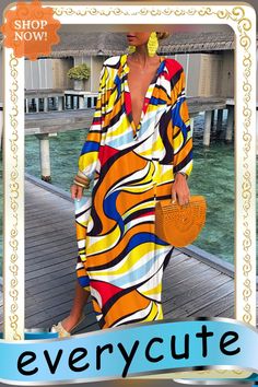 Fashion Print V Neck Dress Retro V-neck Midi Dress For Summer, Trendy Multicolor Maxi Dress For The Beach, Casual Long Sleeve Maxi Dress For Beach Season, Retro V-neck Maxi Dress For Summer, Retro V-neck Maxi Dress For Vacation, Casual Maxi Dress With Vibrant Print For Parties, Retro Printed Vacation Dresses, Casual Long Sleeve Midi Dress For Beach Season, Long Sleeve Beach Dress With Abstract Print