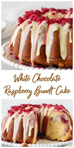 white chocolate raspberry bundt cake on a plate