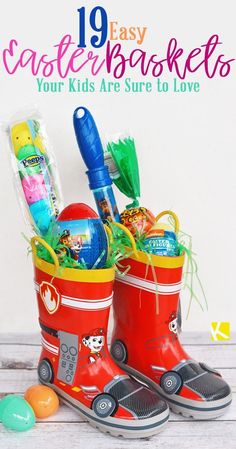 a pair of red rain boots with candy and toothbrushes in them sitting next to an easter egg