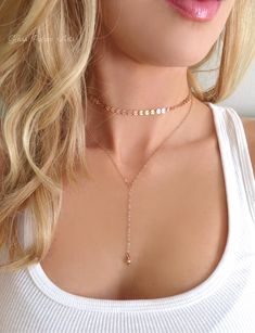 "Simple and Modern Adjustable Choker Necklace - 100% Sterling Silver, 14k Gold Fill or Rose Gold Fill ~ Choker and/or lariat/ Y necklace available ~ Choker has a attached 1 1/2\" adjustable extender chain - for the perfect fit ~ Order choker by itself or with the Y necklace (as shown in picture 1) ~ Necklaces shown on model at 13\" and 16\" lengths ~ The drop section on the lariat necklace is an additional 3\" ~ Choose your length - See measuring instructions below ~ Necklace closes with a sterl Rose Gold Choker Necklace, Lariat Necklace Gold, Silver Lariat Necklace, Rose Gold Choker, Lariat Necklace Silver, Sterling Silver Choker Necklace, Rose Gold Gifts, Jackson Heights, Choker Silver