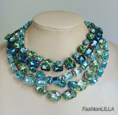 anna wintour necklace,Aquamarine Swarovski crystal riviere necklace,crystolite green statement collet,sapphire layering crystal necklace this is a combination of Swarovski crystal necklaces in aquamarine, sapphire, crystolite green and montana sapphire. Variations of blues and greens make harmonius Collar Aesthetic, Anna Wintour Style, Aesthetic Party, Crystal Necklaces, Swarovski Crystal Necklace, Anna Wintour, Crystal Choker, Austrian Crystal, Green Crystals