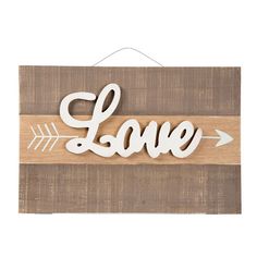 a wooden sign that says love with an arrow