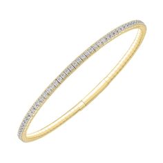 Add a classic look to your collection of style staples with this diamond bangle bracelet. 10K gold Shimmering diamonds line this timeless design 2 cts. t.w. of diamonds 7.42 inches in circumference; flexes on and off for easy wear Style Staples, Diamond Bangle Bracelet, Diamond Bangles Bracelet, Diamond Bangle, 10k Gold, Easy Wear, Bangle Bracelet, Classic Looks, Timeless Design