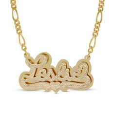 Eye-catching and bold, this personalized necklace displays your unique taste in fashion. Crafted in 14K gold over silver, this diamond-accented style showcases your name - from three to 10 characters in length - sculpted in a hammered script font. A similarly textured heart and ribbons are beautifully set beneath the name. Gleaming behind, a polished plate adds dimension to the look. Buffed to a brilliant luster, this design suspends centered along an 18.0-inch figaro chain that secures with a l 14k Gold Name Jewelry For Valentine's Day, Customizable 14k Gold Anniversary Necklaces, Engraved White Gold Custom Nameplate Necklace, Gold Plated Custom Name Jewelry Nameplate, Custom Name Gold Plated Nameplate Jewelry, Custom Name Gold-plated Nameplate Jewelry, Custom Name Necklace In Yellow Gold For Anniversary, Gold Plated Nameplate Necklace For Anniversary, Yellow Gold Custom Nameplate Necklace For Anniversary