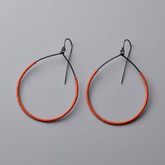 Bead & Steel Earrings - These bold hoops are made with deep orange, glass Miyuki Delica beads strung onto hand-forged steel. They feature oxidized sterling silver ear wires and ship with handmade earring backings for security. Red Seed Bead Earrings, Bohemian Wedding Earrings, Simple Bead Earrings, Tube Earrings, Wire Earrings Handmade, Orange Jewelry, Miyuki Delica Beads, Beaded Earrings Diy, Earrings Handmade Dangle