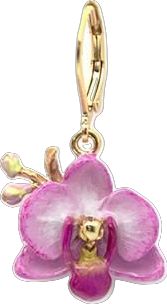 a pink flower is hanging from a gold plated charm