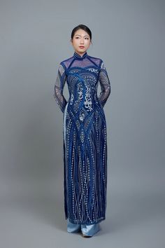 Custom Ao Dai Featuring Stunning Lace Over Chiffon Lining - Etsy Elegant Full-length Dress With Intricate Embroidery, Elegant Full Length Dress With Intricate Embroidery, Fitted Lace Ao Dai With Long Sleeves, Formal Lace Ao Dai, Elegant Blue Fitted Ao Dai, Formal Fitted Lace Ao Dai, Elegant Blue Ao Dai For Formal Occasions, Evening Gown With Lace Work And Long Sleeves, Long Sleeve Lace Gown For Evening