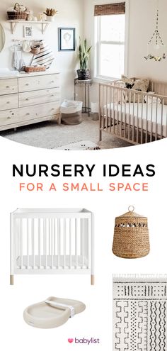 nursery ideas for small spaces with text overlay that reads nursery ideas for asmall space