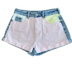 Excellent Preowned Condition Pacsun Mom Shorts Size 26 Pink, Yellow, White And Blue Denim Cuffed Design Perfect For Back To School Speedy Shipping And Smoke Free Home Pink Jean Shorts For Summer, Casual High Waist Pink Shorts, Pink Cutoff Bottoms For Summer, Pink High-waisted Jean Shorts For Summer, Summer Pink Bottoms With Pockets, High Waist Pink Jean Shorts For Summer, High-waisted Pink Jean Shorts For Summer, Pink Short Leg Bottoms For Spring, Casual Pink Jean Shorts For Summer