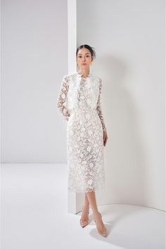 Leila Straight Long Sleeved Lace Midi Set | MEAN BLVD Types Of Lace, Mean Blvd, Lace Midi, Floral White, Lace Pattern, White Patterns, Designer Collection, Lace Fabric, How To Take Photos