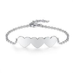 Specially made to fit three loving names on your wrist! This Chain Of Love - 3 Custom Name Sterling Silver Chain Bracelet is the perfect gift for moms, sisters, friends, or significant other! The custom-made bracelet is made from sterling silver and features three hearts joined together, each with a special named engraved. The personalized bracelet is designed with a lobster clasp to make it adjustable to your wrist size. Gifting our custom-made jewelry will show that you care! Looking for an en Three Hearts, Silver Chain Bracelet, Engraved Gifts, 925 Sterling Silver Chain, Perfect Gift For Mom, Metal Bracelets, Sterling Silver Chain, Custom Name, Sterling Silver Chains