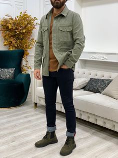 Limoux Slim Fit Khaki Denim Jacket-baagr.myshopify.com-Jacket-BOJONI Mens Fashion 2024 Fall, Sobrecamisa Hombre Outfit, Long Sleeve Denim Jacket With Cargo Pockets, Utility Cargo Style Long Sleeve Outerwear, Long Sleeve Cargo Style Utility Outerwear, Long Sleeve Utility Cargo Outerwear, Utility Cargo Outerwear With Long Sleeves, Utility Denim Jacket With Flap Pockets For Winter, Cotton Outerwear With Cargo Pockets And Long Sleeves