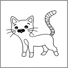 a black and white drawing of a cat with stripes on it's tail, looking at