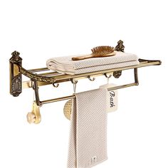 a towel rack with two towels hanging from it's sides and an oven mitt on top