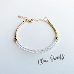 This beautiful clear quartz gemstone bracelet is handcrafted with 4mm natural clear quartz beads. The gold beading is done with high quality Japanese Miyuki Duracoat delica seed beads. The larger round gold beads are 14k gold filled for lasting quality. A 14k gold filled spring clasp completes the look. It's the perfect bracelet for layering or wearing all on its own! It's simple, yet elegant design makes it a great option for every day wear. This bracelet can be purchased in either 14k gold fil Clear Quartz Properties, Clear Quartz Bracelet, Czech Glass Jewelry, Chakra Energy, Meditation Bracelet, Energy Bracelets, Chain Extenders, Quartz Beads, Handmade Jewelry Diy