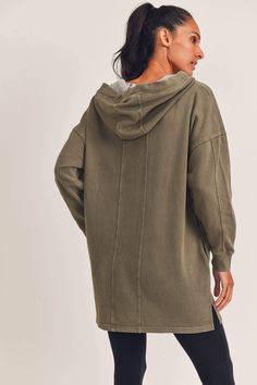 This mineral-washed pullover feels just as cozy as it looks. With its longline silhouette, a V-neck front, hoodie top (with drawstring closure), and long sleeves, it also has a brushed inner shell. (Also available in greige.) Fit is slightly oversized. 80%Cotton, 20% Polyester Washed Hoodie Tops For Loungewear, Hooded Tops For Fall, Trendy Washed Hoodie For Fall, Soft-washed Hooded Top For Fall, Spring Washed Hoodie For Loungewear, Spring Loungewear Washed Hoodie, Casual Washed Hoodie For Fall, Cozy Soft-washed Hoodie For Fall, Acid Wash Long Sleeve Hoodie For Loungewear