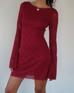 Deep Red Lace Long Sleeve Mini Dress | Sevila – motelrocks-com-us Red Lace Fabric, Long Sleeve Dress Outfit, Red Bell Sleeve Dress, Long Sleeve Lace Mini Dress, Red Long Sleeve Dress, Long Sleeve Dress Formal, Lettuce Hem, Red Dress Short, Green Midi Dress