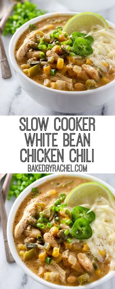 two bowls of slow cooker white bean chicken chili with green onions and limes