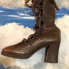 "SUPER RARE - JERRY EDOUARD - Vintage 60s 70s Gogo Boots - Brown Leather with Front Lace Ups I do have many more pairs of super amazing Vtg Boots & Vintage in my Etsy Shop...or contact me if you are looking for something specific! SUPER RARE & COLLECTABLE! ONE PAIR ONLY DON'T MISS OUT LOVE ROCKS VINTAGE ITEM DETAILS & DESCRIPTION . Made by the famous \"Jerry Edouard\" Boot Designer that similar boots were worn by Kate Judson in Almost Famous Move. . Brown Leather . Front Lace Up Fron Vintage Lace-up Boots With Leather Sole For Formal Occasions, Vintage Lace-up Boots With Pointed Toe And Leather Sole, Vintage Leather Sole Lace-up Boots For Fall, Vintage Heeled Boots With Pointed Toe And Leather Sole, Vintage Lace-up Boots With Leather Sole For Fall, Retro Brown High Heel Platform Boots, Retro High Heel Platform Boots, Brown Retro High Heel Platform Boots, Vintage Lace-up Boots For Formal Fall Occasions