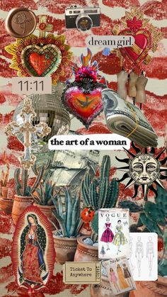 the art of a woman is shown in this collage with many different things on it